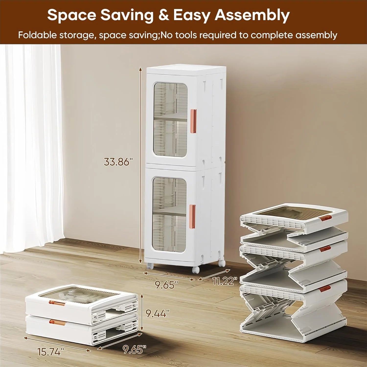 Slim Kitchen Pantry Storage Cabinet with Doors and Shelves, 3 - Tiers Plastic Narrow Storage Organizer Collapsible