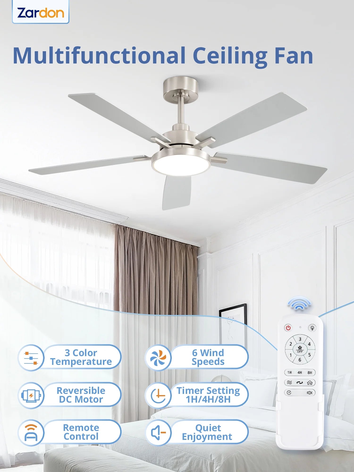 Zardon 52 in Black Ceiling Fan with LED Light and Remote, Downrod 6-Speed and Quiet Reversible DC Motor for Bedroom, Living Room, Indoor