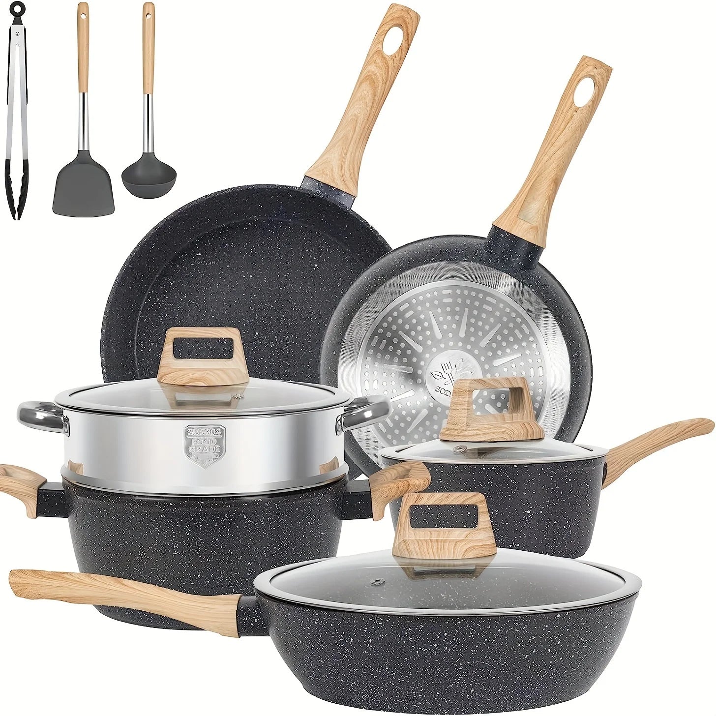 Non - Stick 12 POTS and Pans Set, Cookware Set, Including Frying Pan, Steamer, Silicone Spatula and Tongs - Granite Cooking Set (Black)