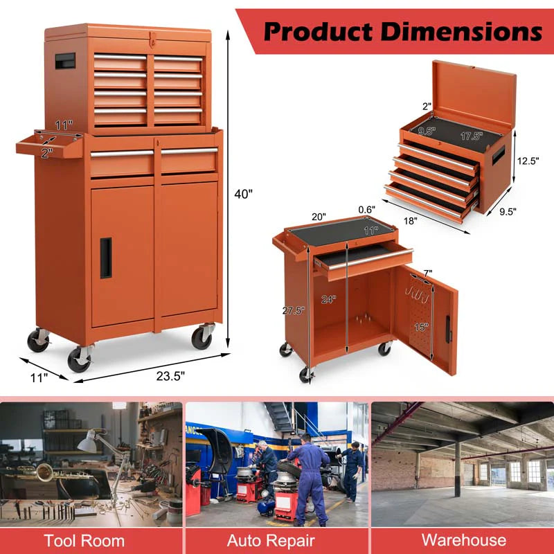 2 - in - 1 Rolling Tool Chest, 5-Drawer Tool Storage Cabinet with Wheels, Adjustable Shelf, Tool Box Organizer for Garage Warehouse Workshop