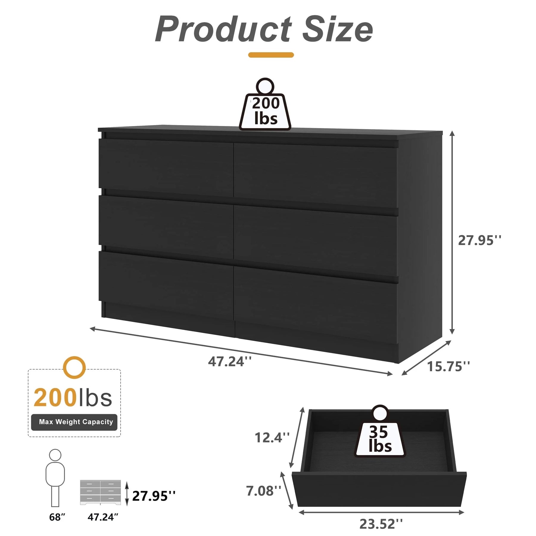 Kadyn Modern 6 Drawer Dresser Wood Cabinet, Dresser for Bedroom, Kitchen Storage Cabinet with Drawers, Chest of Drawers(Black)
