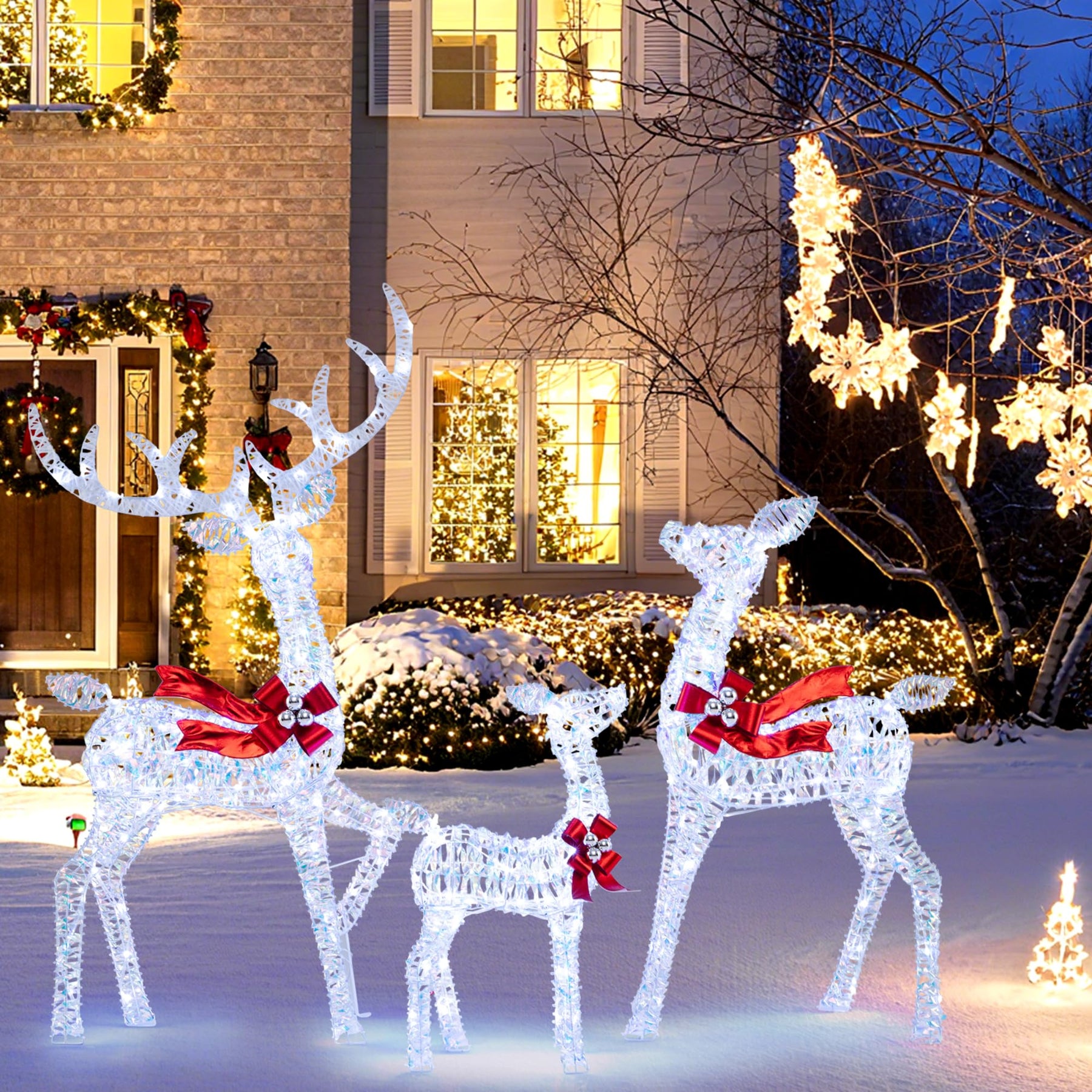 Tangkula 3-Piece Christmas Lighted Iridescent Reindeer Family Set with 215 Cold White LED Lights and Ground Stakes