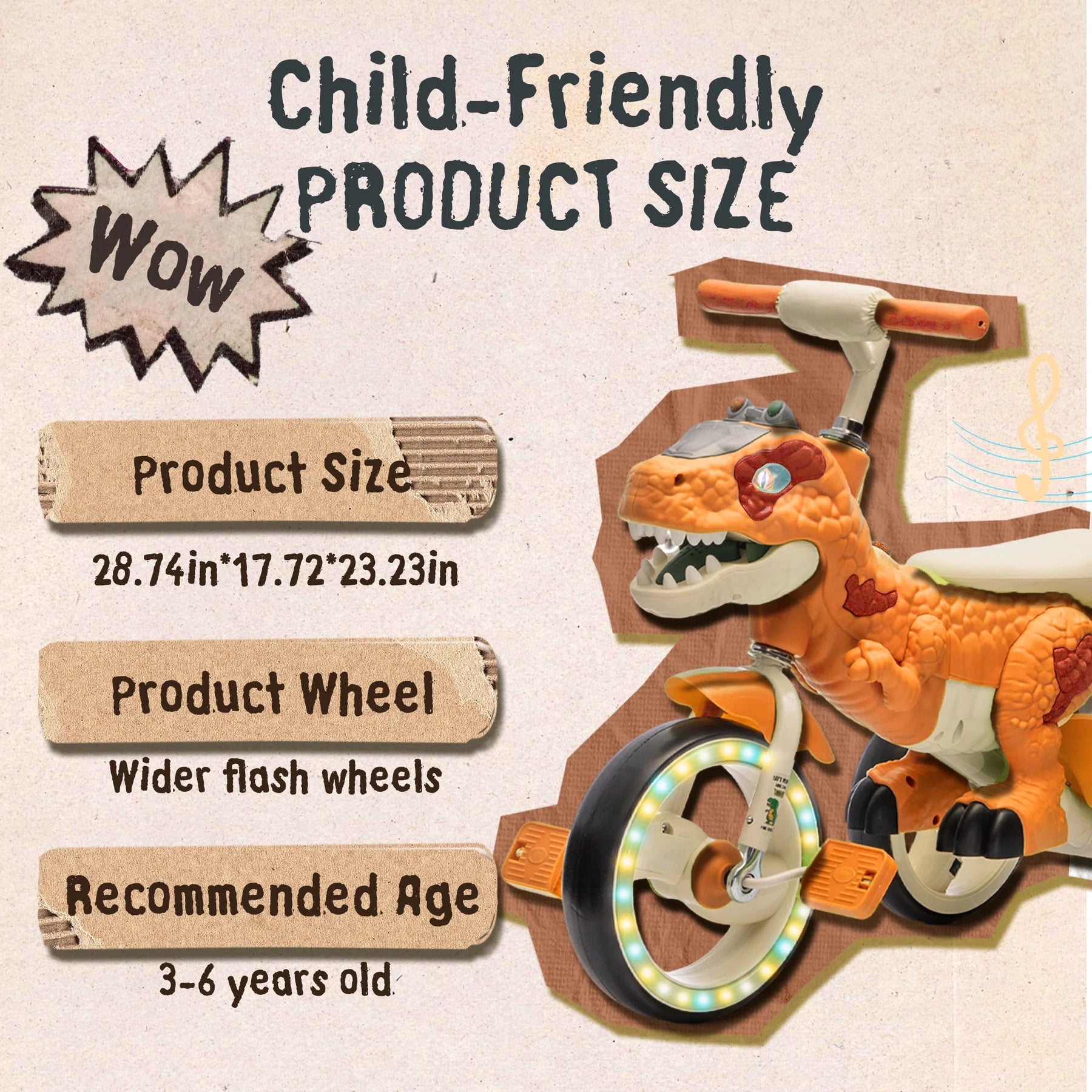 Xuanlur Kids Ride on Dinosaur Tricycle, Toddlers Kid Trike with Wide Flash Wheels, Anti - Slip Pedals, Rear Basket, Music & LED Lights, Toddler Bike