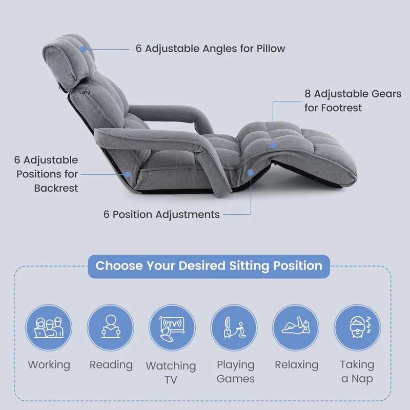 6 - Position Adjustable Floor Sofa Bed, Folding Lazy Sofa Chaise Lounger Recliner with Armrests & Footrests for Living Room, Bedroom & Gaming