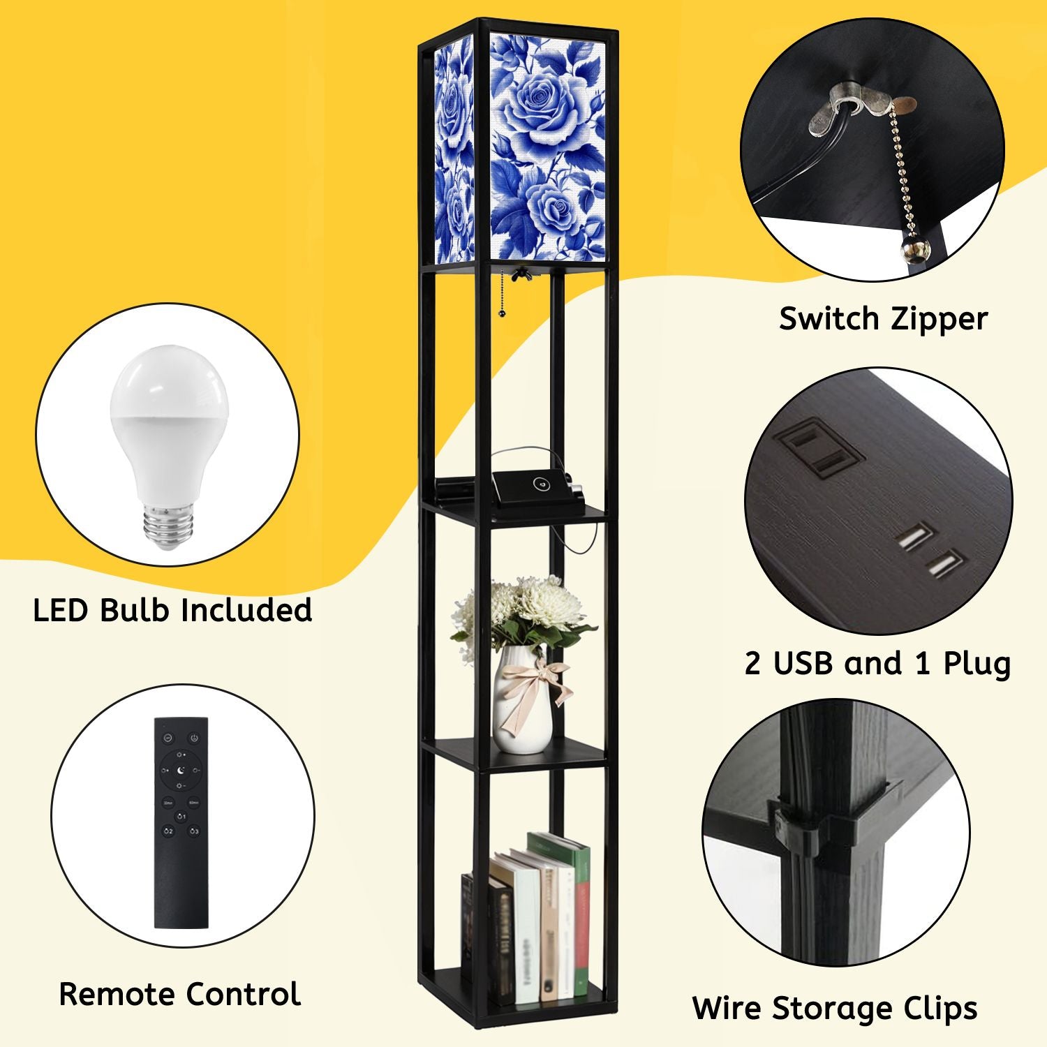 Floor Lamp with Shelves, Modern Dimmable Standing Lamp Floral Corner Display Bookshelf Lamp with 2 USB & 1 Power Outlet for Living Room & Bedroom