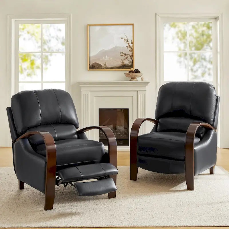 Set of 2 Alex Mid - Century Modern Genuine Leather Manual Recliners with Curved Wooden Arms