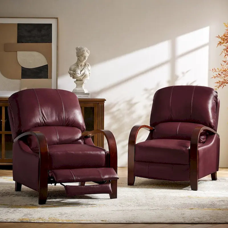 Set of 2 Alex Mid - Century Modern Genuine Leather Manual Recliners with Curved Wooden Arms