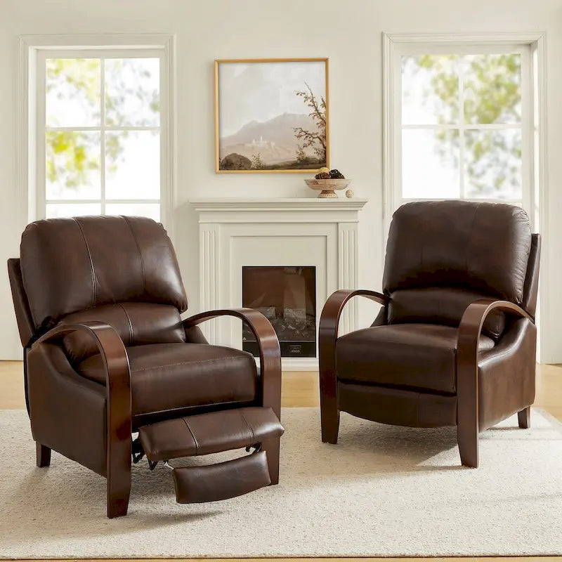 Set of 2 Alex Mid - Century Modern Genuine Leather Manual Recliners with Curved Wooden Arms