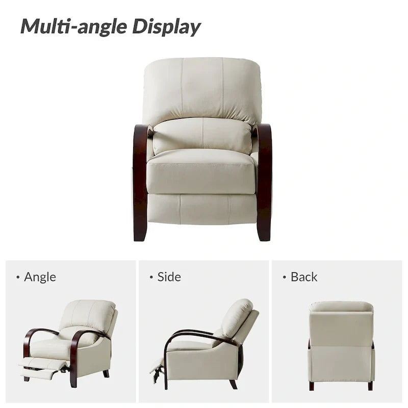 Set of 2 Alex Mid - Century Modern Genuine Leather Manual Recliners with Curved Wooden Arms