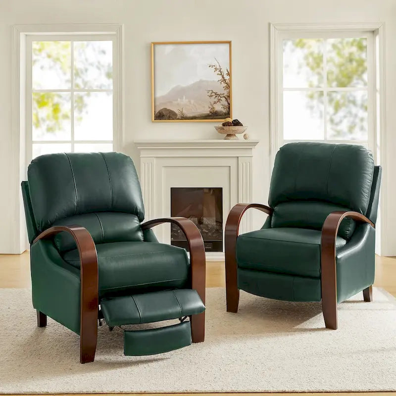 Set of 2 Alex Mid - Century Modern Genuine Leather Manual Recliners with Curved Wooden Arms