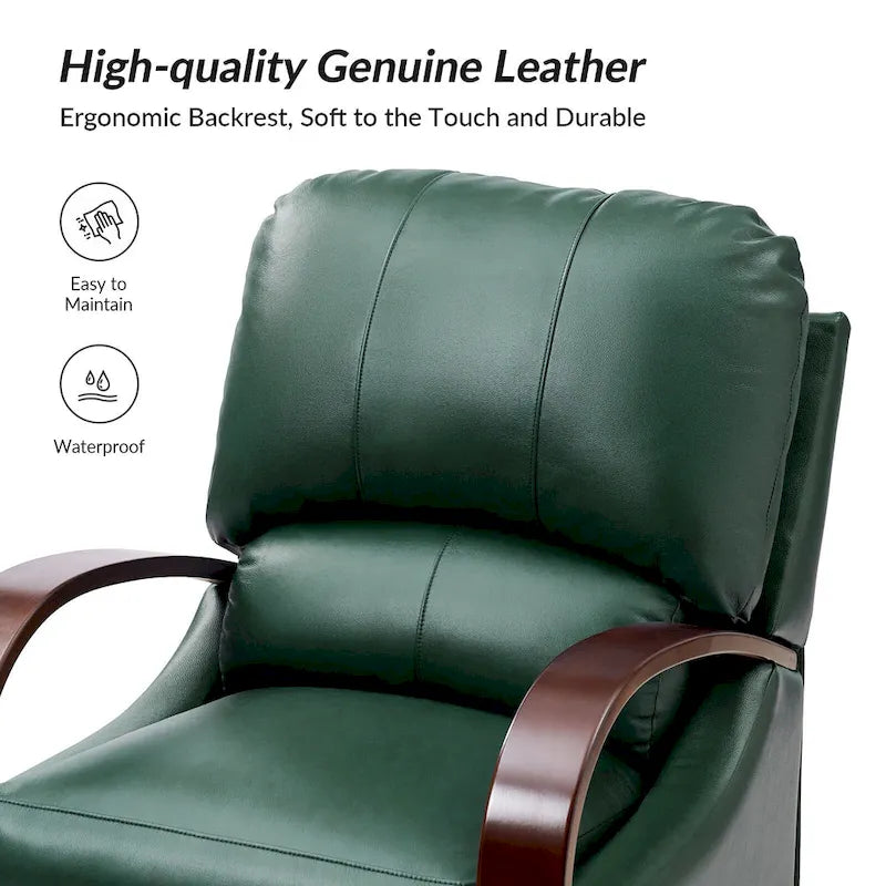 Set of 2 Alex Mid - Century Modern Genuine Leather Manual Recliners with Curved Wooden Arms