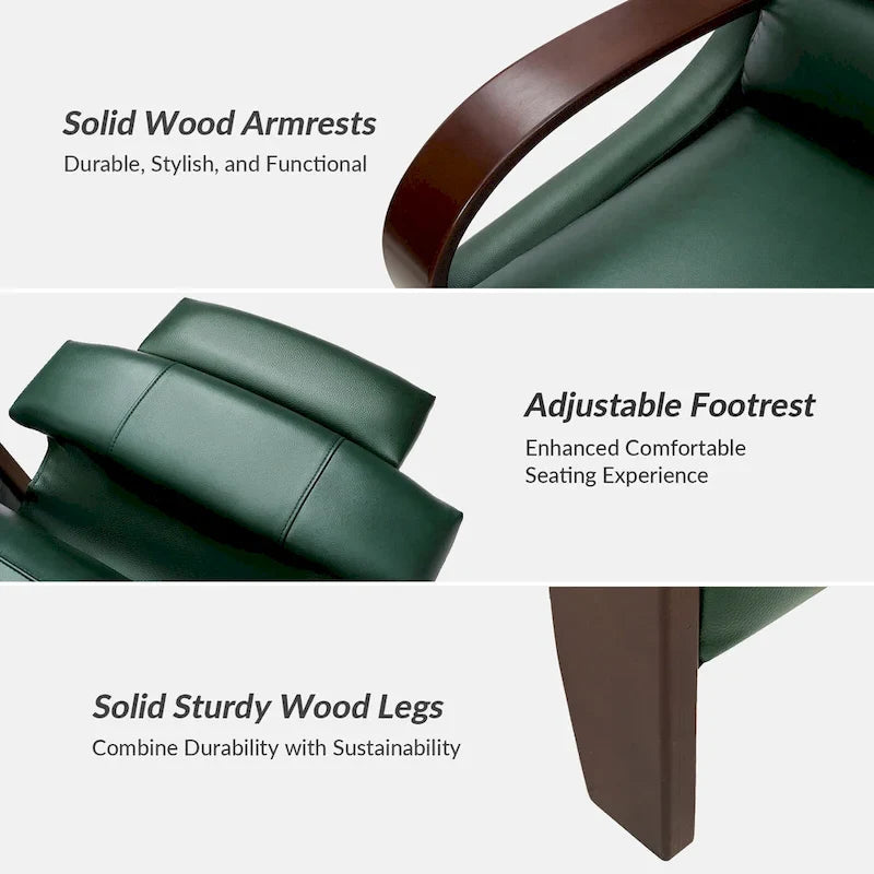 Set of 2 Alex Mid - Century Modern Genuine Leather Manual Recliners with Curved Wooden Arms