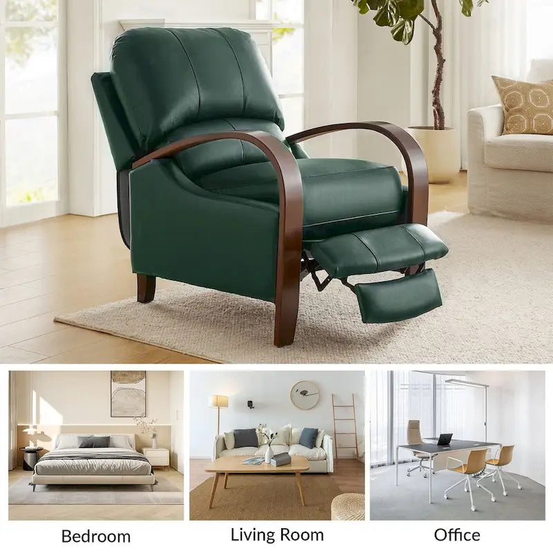 Set of 2 Alex Mid - Century Modern Genuine Leather Manual Recliners with Curved Wooden Arms