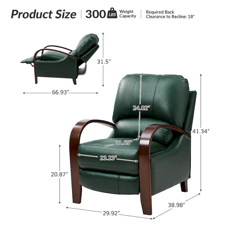 Set of 2 Alex Mid - Century Modern Genuine Leather Manual Recliners with Curved Wooden Arms