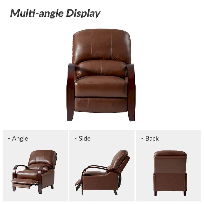 Set of 2 Alex Mid - Century Modern Genuine Leather Manual Recliners with Curved Wooden Arms