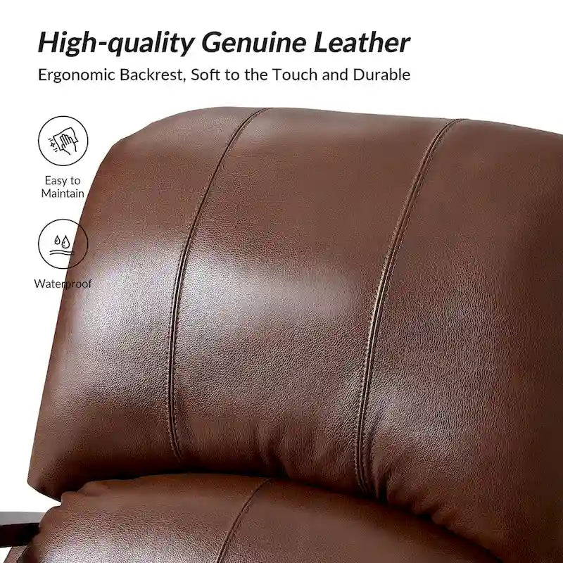 Set of 2 Alex Mid - Century Modern Genuine Leather Manual Recliners with Curved Wooden Arms