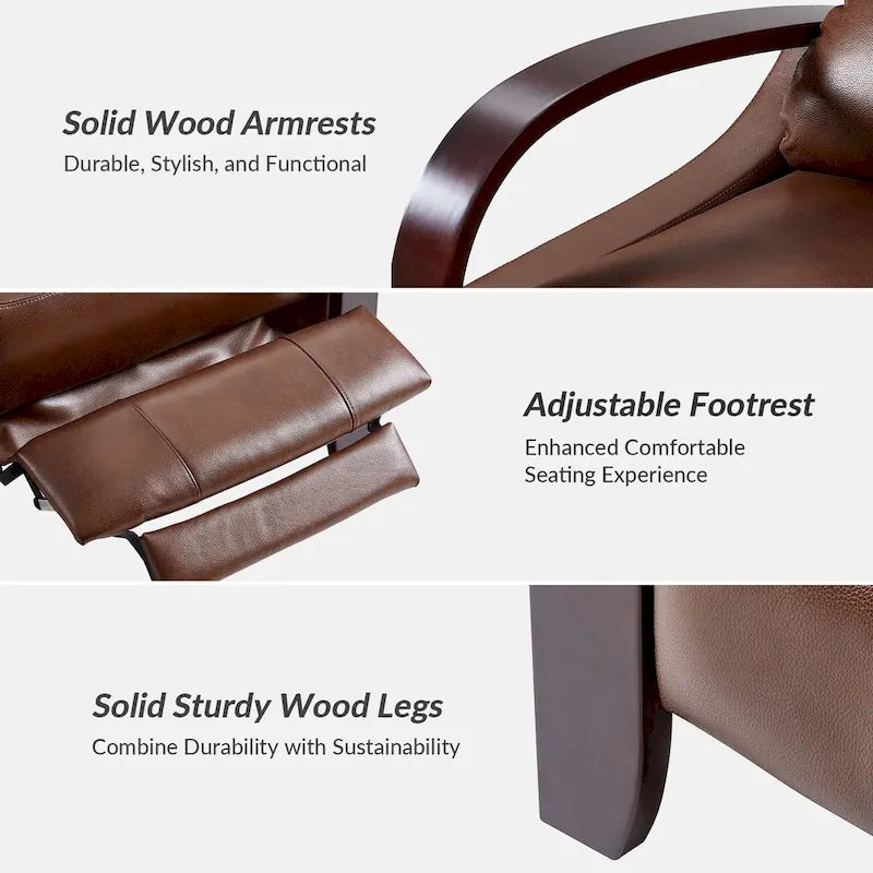 Set of 2 Alex Mid - Century Modern Genuine Leather Manual Recliners with Curved Wooden Arms