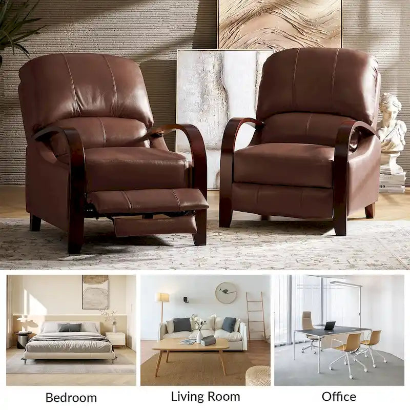 Set of 2 Alex Mid - Century Modern Genuine Leather Manual Recliners with Curved Wooden Arms