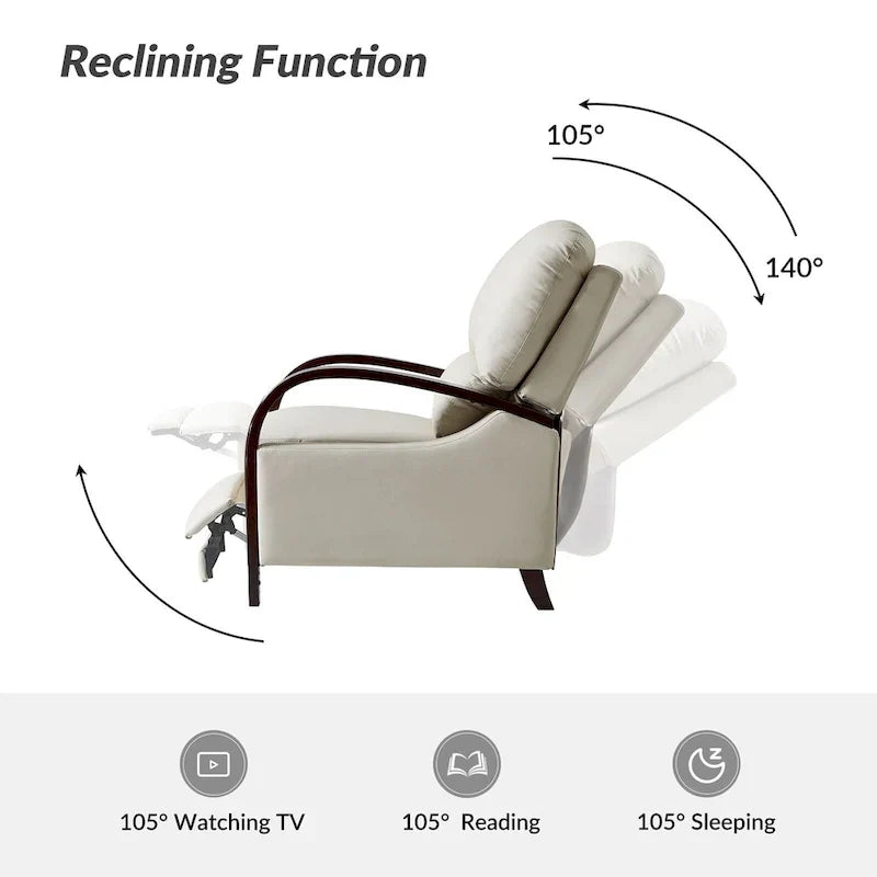 Set of 2 Alex Mid - Century Modern Genuine Leather Manual Recliners with Curved Wooden Arms