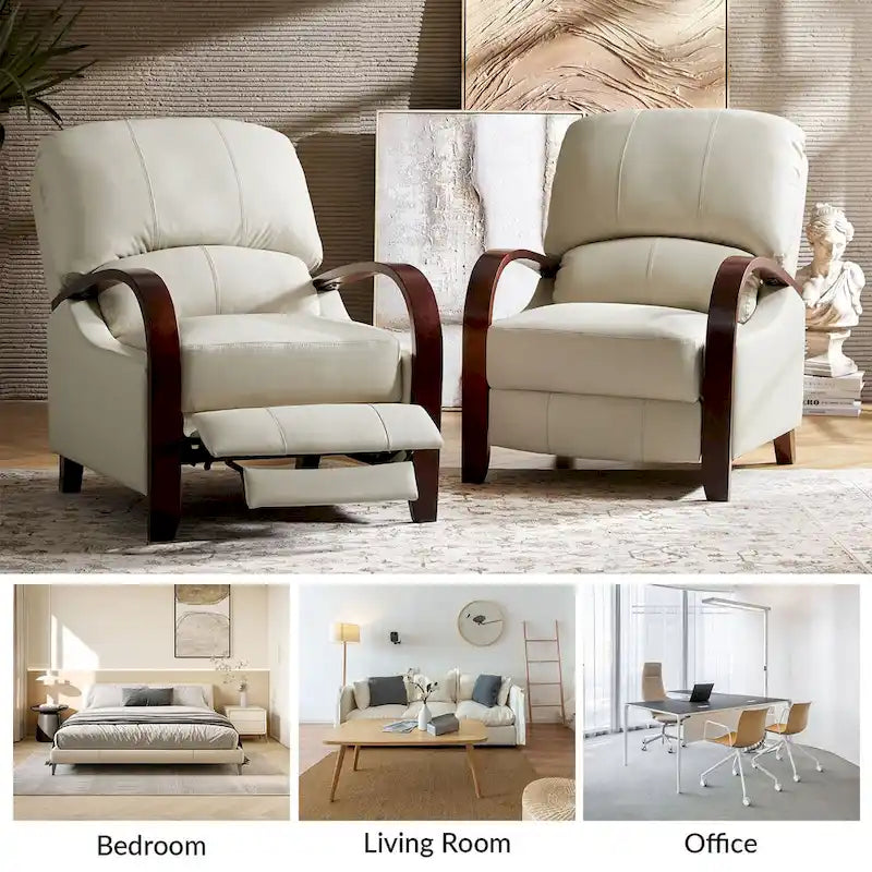 Set of 2 Alex Mid - Century Modern Genuine Leather Manual Recliners with Curved Wooden Arms