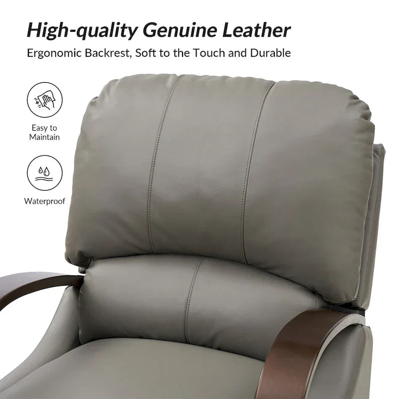 Set of 2 Alex Mid - Century Modern Genuine Leather Manual Recliners with Curved Wooden Arms