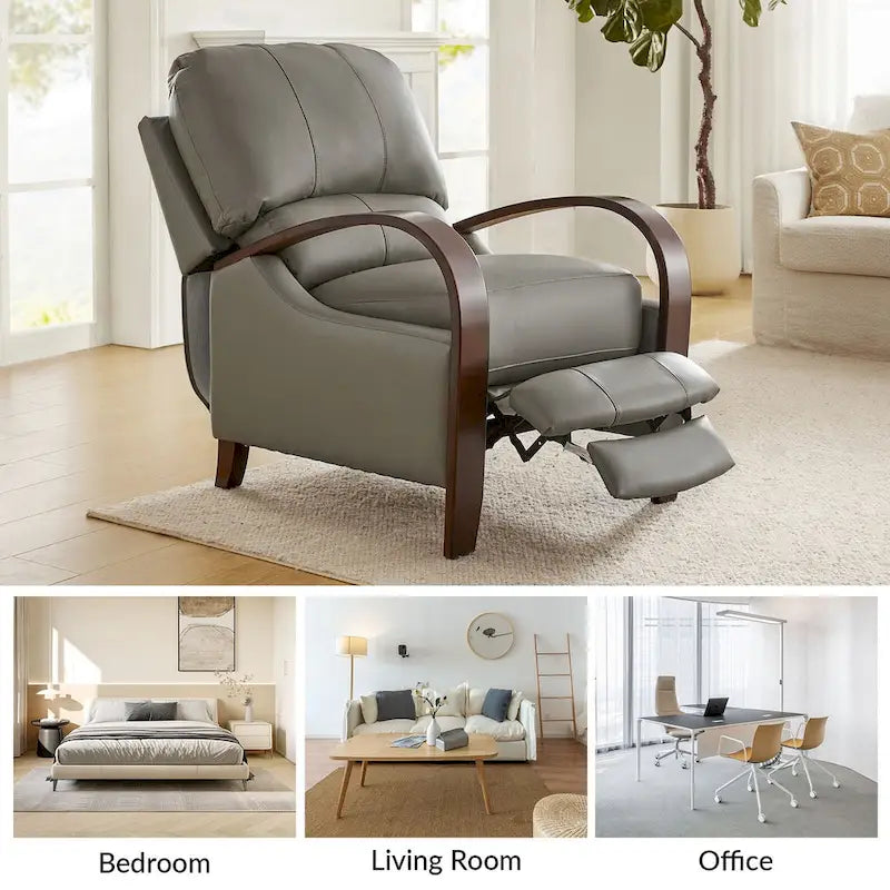 Set of 2 Alex Mid - Century Modern Genuine Leather Manual Recliners with Curved Wooden Arms