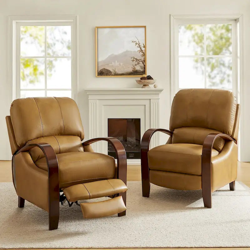 Set of 2 Alex Mid - Century Modern Genuine Leather Manual Recliners with Curved Wooden Arms