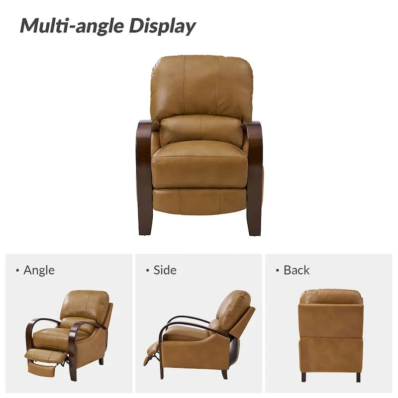 Set of 2 Alex Mid - Century Modern Genuine Leather Manual Recliners with Curved Wooden Arms