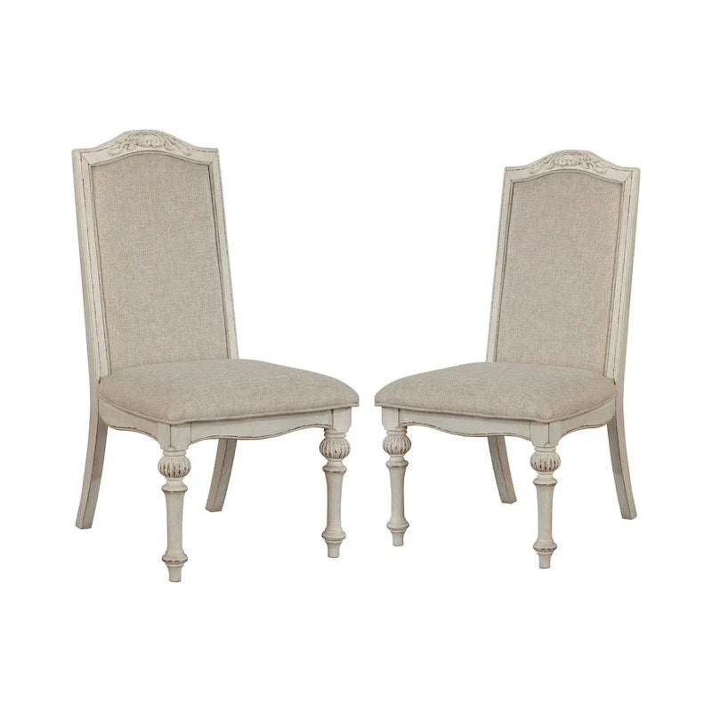 Caelum 7-Piece Round Dining Set with White Fabric Upholstery by The Gray Barn