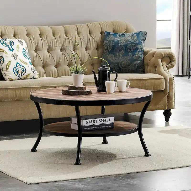 Myhozm Industrial Round Metal Coffee Table with Shelf – Perfect for Living Room, Home Office, and Bedroom