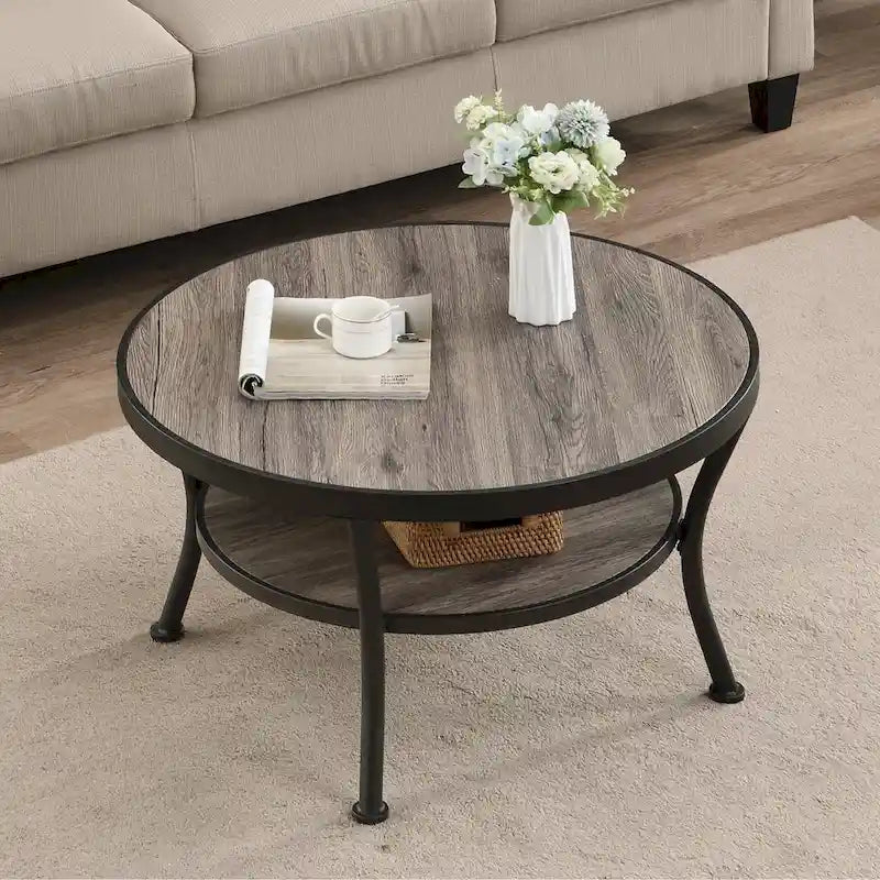 Myhozm Industrial Round Metal Coffee Table with Shelf – Perfect for Living Room, Home Office, and Bedroom