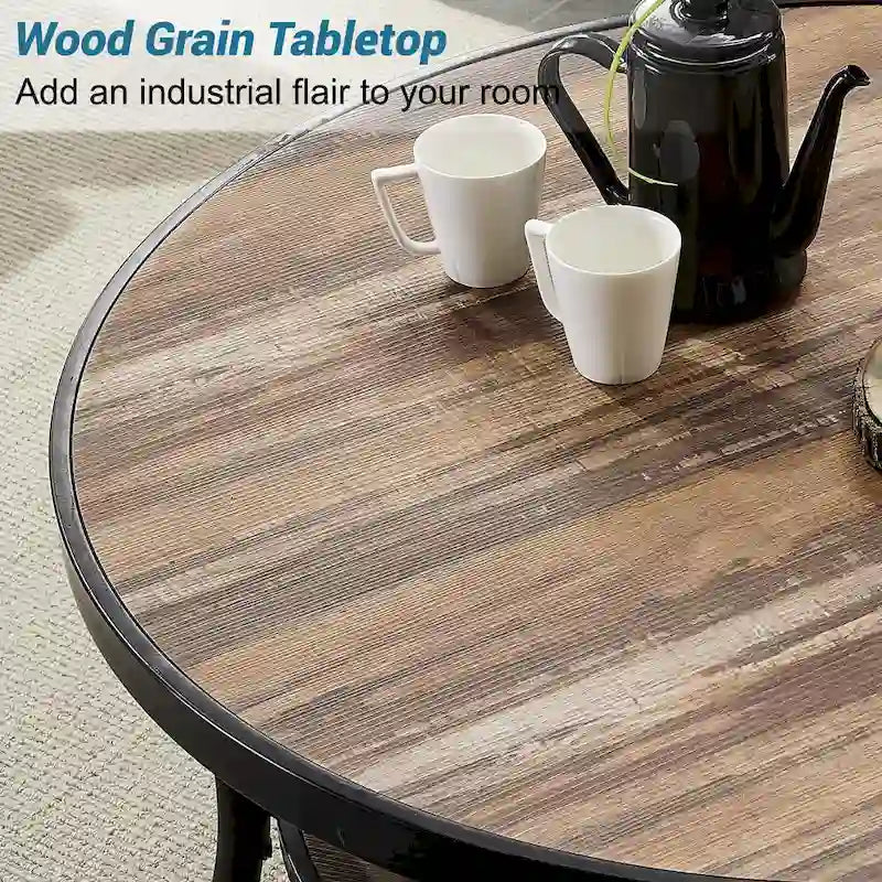 Myhozm Industrial Round Metal Coffee Table with Shelf – Perfect for Living Room, Home Office, and Bedroom