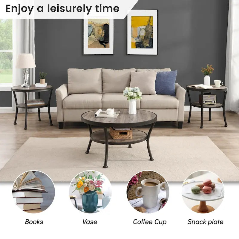 Myhozm Industrial Round Metal Coffee Table with Shelf – Perfect for Living Room, Home Office, and Bedroom