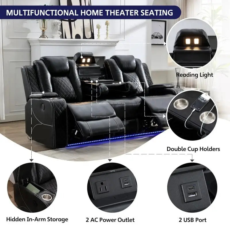 Black Power Reclining Sofa with Wireless Charger, Reading Light, Faux Leather, LED Lighting, AC/USB Ports, and Cup Holder for Living Room
