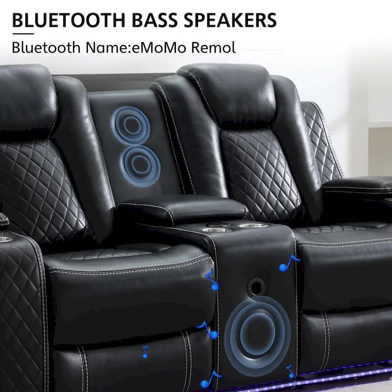 Black Power Reclining Sofa with Wireless Charger, Reading Light, Faux Leather, LED Lighting, AC/USB Ports, and Cup Holder for Living Room