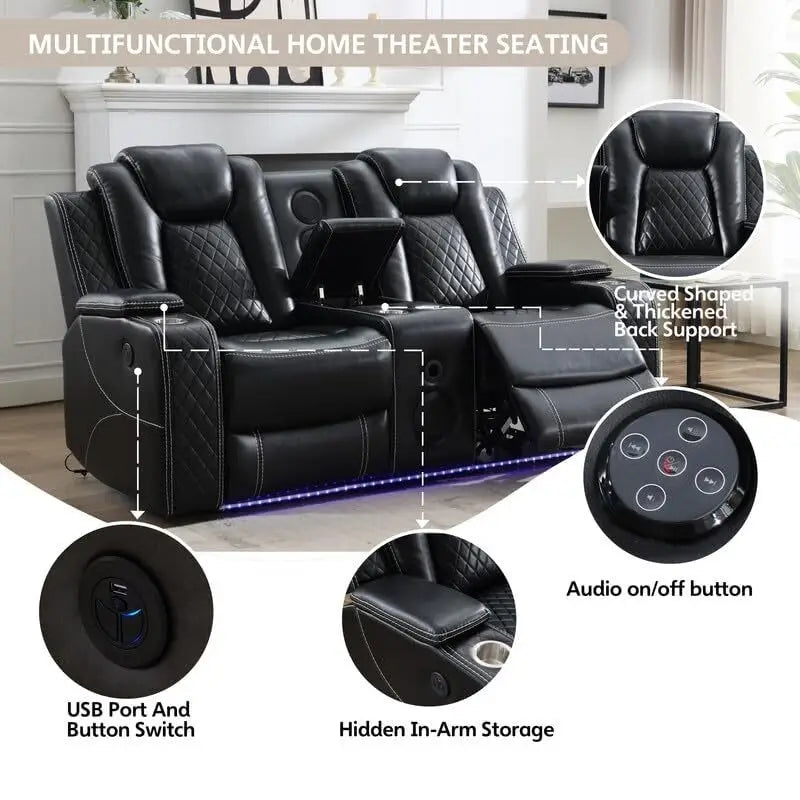 Black Power Reclining Sofa with Wireless Charger, Reading Light, Faux Leather, LED Lighting, AC/USB Ports, and Cup Holder for Living Room