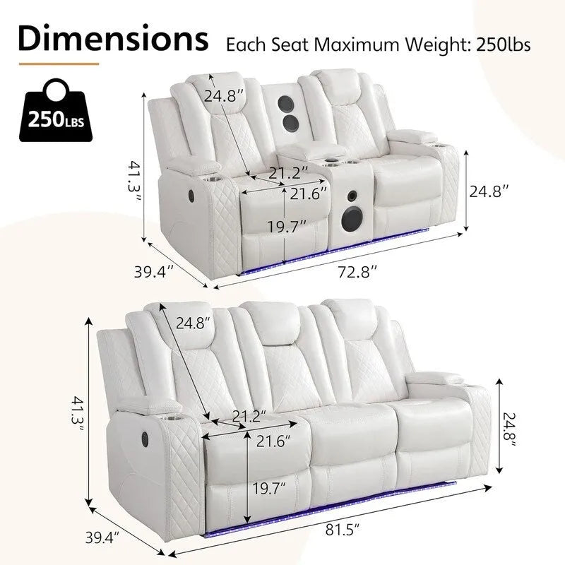 Black Power Reclining Sofa with Wireless Charger, Reading Light, Faux Leather, LED Lighting, AC/USB Ports, and Cup Holder for Living Room