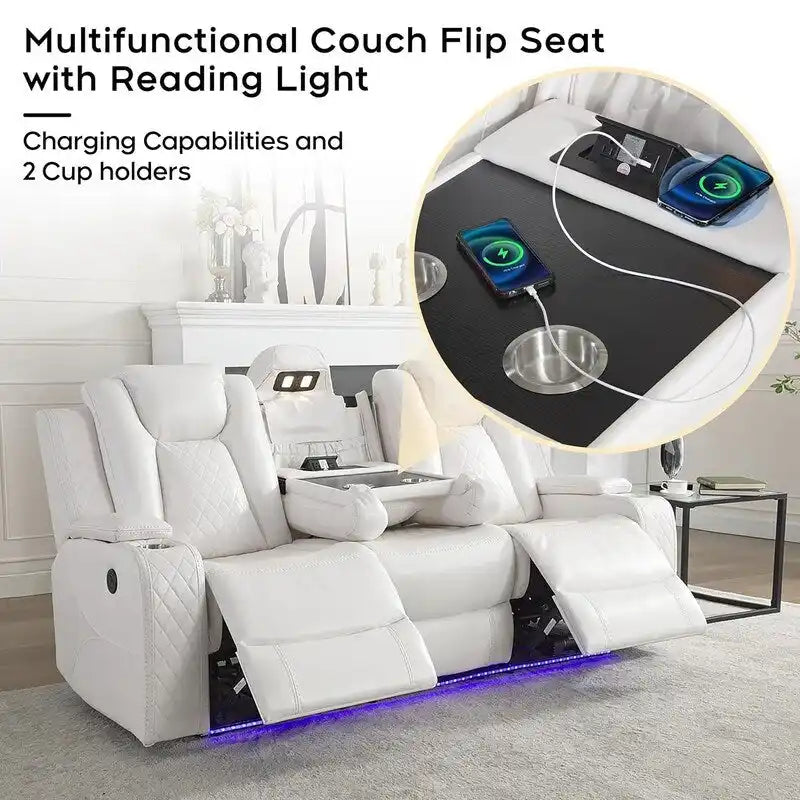 Black Power Reclining Sofa with Wireless Charger, Reading Light, Faux Leather, LED Lighting, AC/USB Ports, and Cup Holder for Living Room