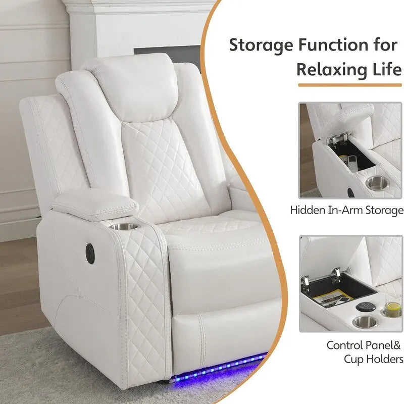 Black Power Reclining Sofa with Wireless Charger, Reading Light, Faux Leather, LED Lighting, AC/USB Ports, and Cup Holder for Living Room