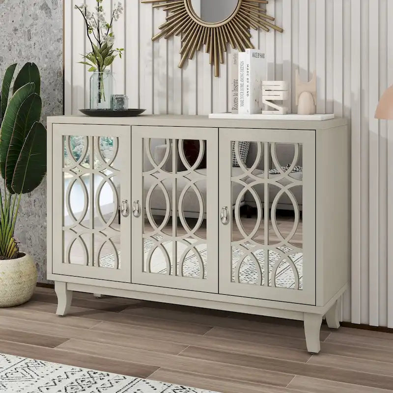 Mirrored Buffet Cabinet with Glass Doors and Silver Handles - 3 - Door Sideboard for Living Room, Hallway, and Dining Room