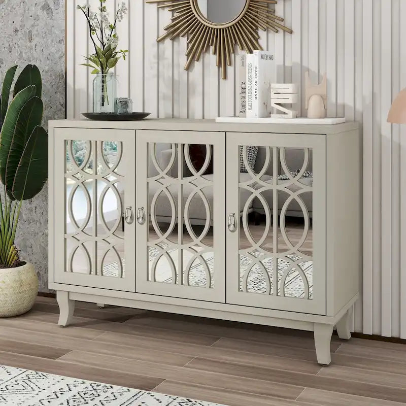 Mirrored Buffet Cabinet with Glass Doors and Silver Handles - 3 - Door Sideboard for Living Room, Hallway, and Dining Room