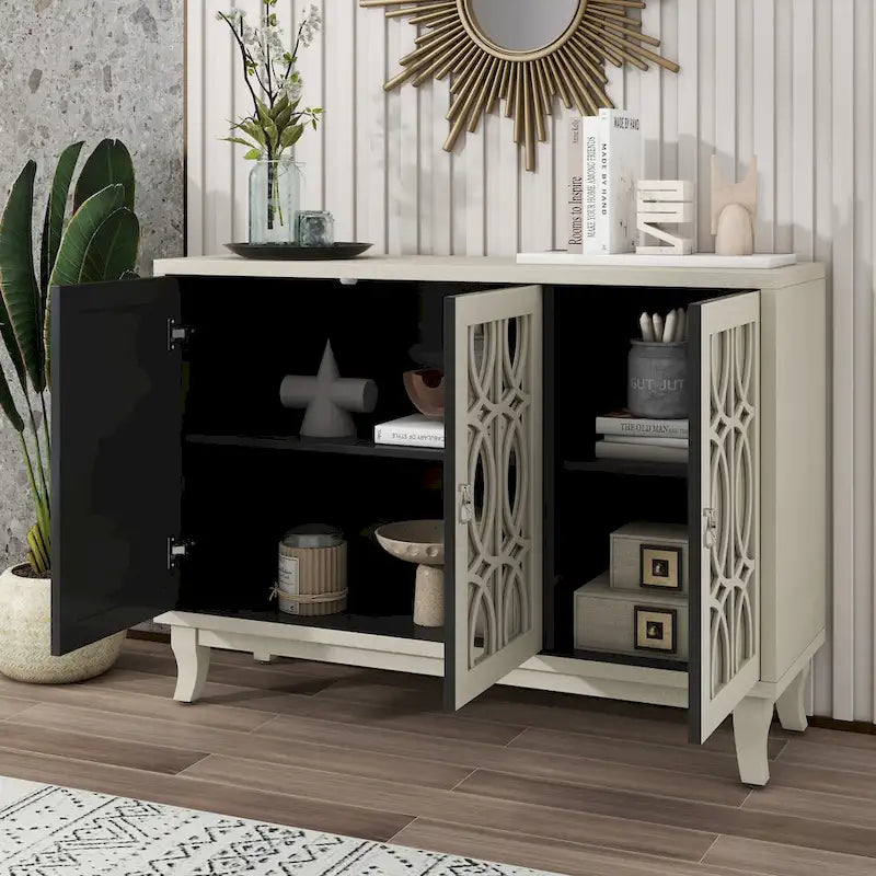 Mirrored Buffet Cabinet with Glass Doors and Silver Handles - 3 - Door Sideboard for Living Room, Hallway, and Dining Room