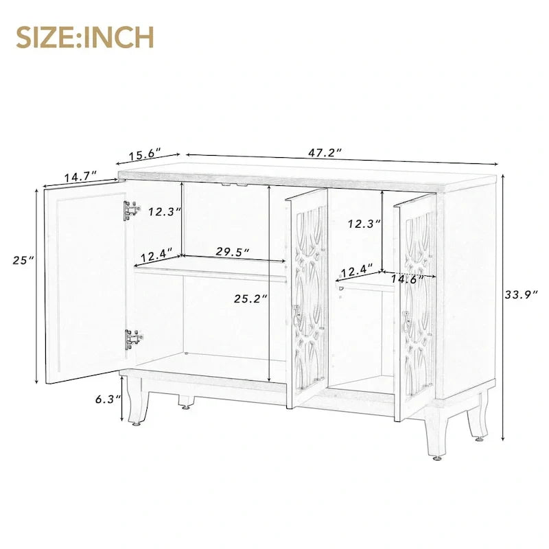 Mirrored Buffet Cabinet with Glass Doors and Silver Handles - 3 - Door Sideboard for Living Room, Hallway, and Dining Room