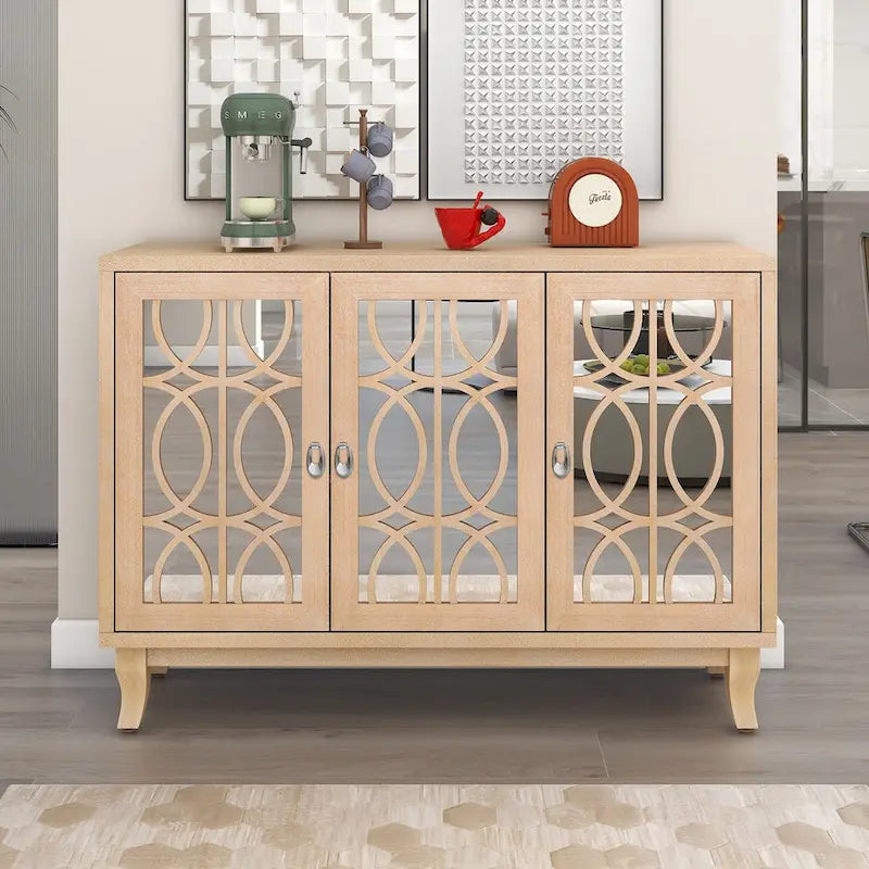 Mirrored Buffet Cabinet with Glass Doors and Silver Handles - 3 - Door Sideboard for Living Room, Hallway, and Dining Room