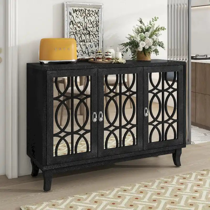 Mirrored Buffet Cabinet with Glass Doors and Silver Handles - 3 - Door Sideboard for Living Room, Hallway, and Dining Room