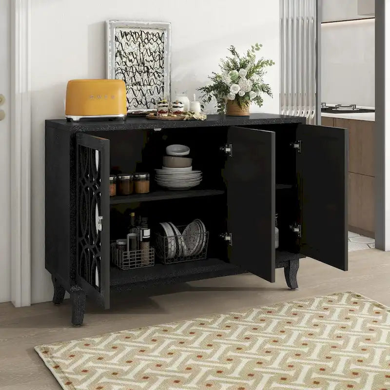 Mirrored Buffet Cabinet with Glass Doors and Silver Handles - 3 - Door Sideboard for Living Room, Hallway, and Dining Room