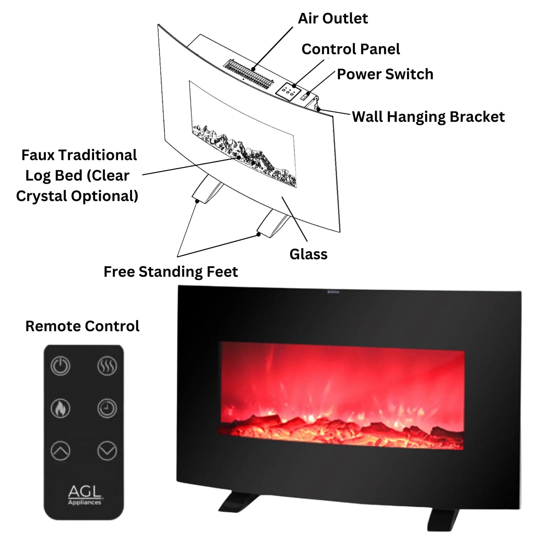 AGL APPLIANCES LLC 38 in Electric Fireplace Heater Stove | Tempered Glass Curved Screen