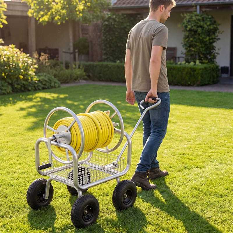 Portable Garden Hose Reel Cart Holds 300FT of 5/8" Large Capacity, Heavy - Duty Metal Hose Cart with 4 Wheels & Storage Basket for Lawn Yard