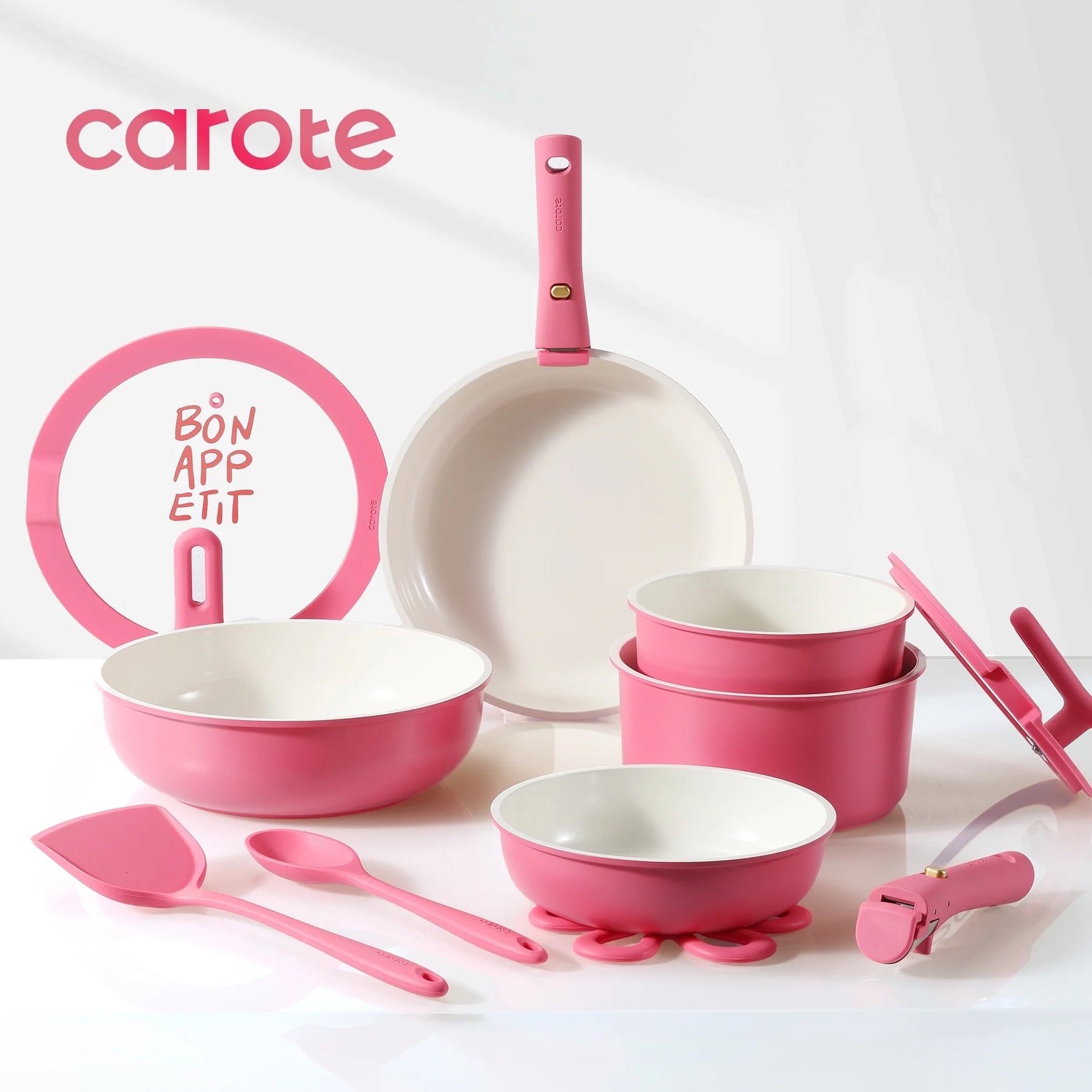 Carote 18 Pcs Ceramic Nonstick Cookware Set, Pots and Pans Set with Detachable Handles, Oven/Dishwasher Safe, Stackable Kitchen Cooking Set, White