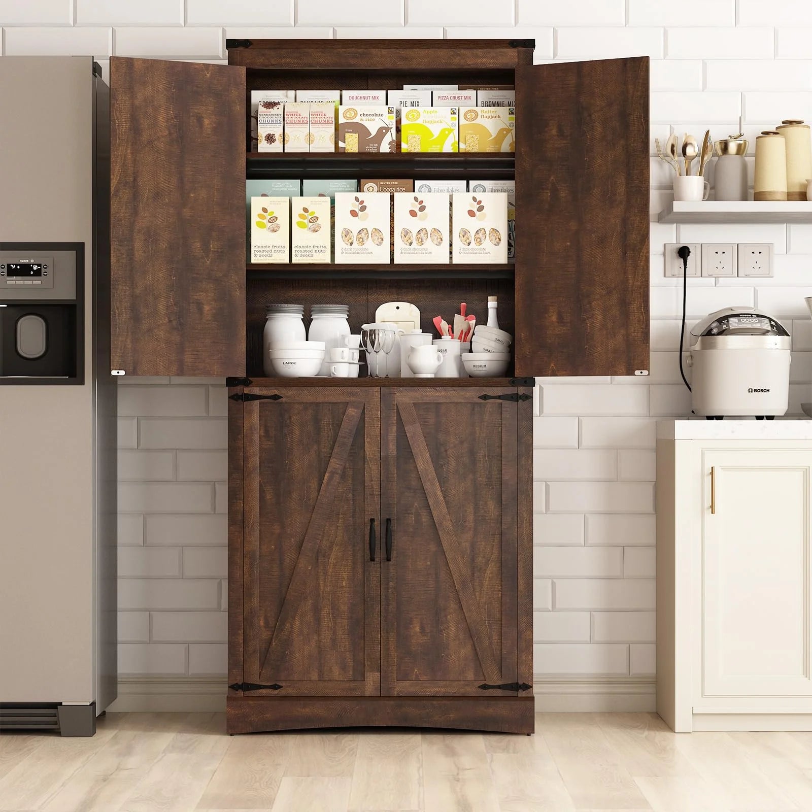 71" Tall Farmhouse Kitchen Pantry Cabinet, 5 Layers Storage Cabinet with Adjustable Shelves, Farmhouse Pantry Cabinet with 4 Barn Doors